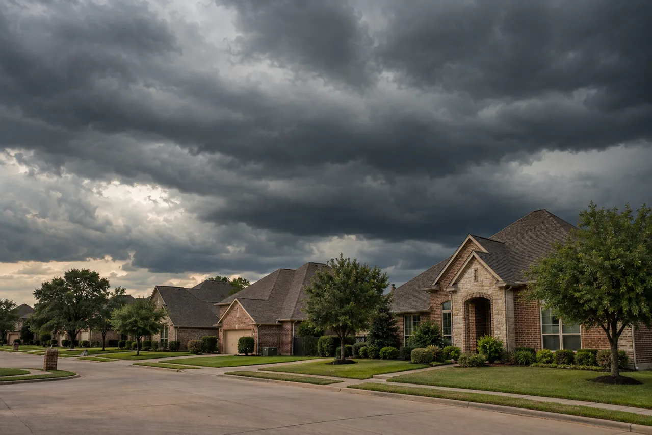 Realistic illustrative North Texas neighborhood with brick houses beneath dark storm clouds